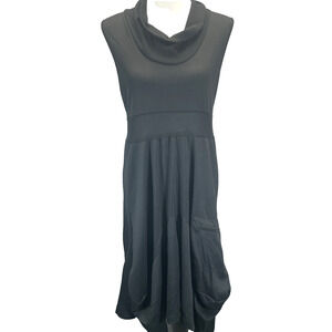 ONZ Inizio Women's XL Gathered Balloon Asymmetrical Black Midi Dress Lagenlook